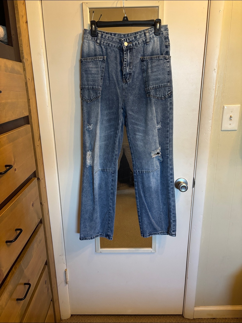 Women's Blue Distressed Straight Leg Jeans